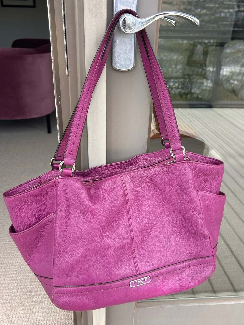 Purple plum pebbled leather Coach Park Carrie Tote